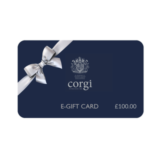 Corgi e-gift card with a blue background and white bow on a white background