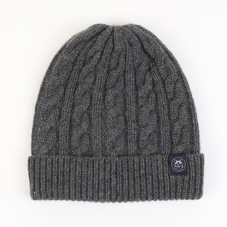 men's cable beanie in colour charcoal.