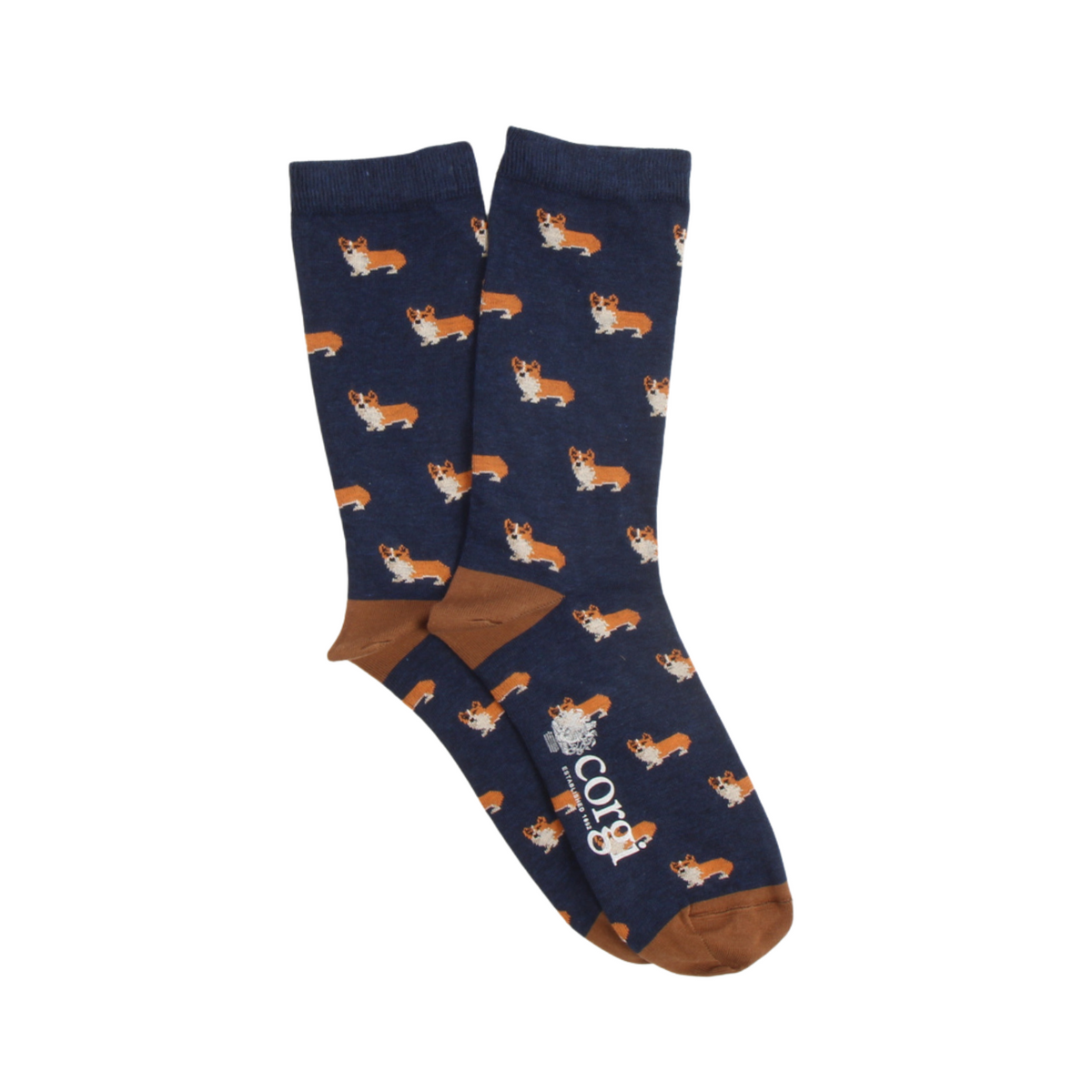 A pair of navy crew socks with an all-over corgi dog print and brown heels, toes, and cuffs, displayed on a clean white background.