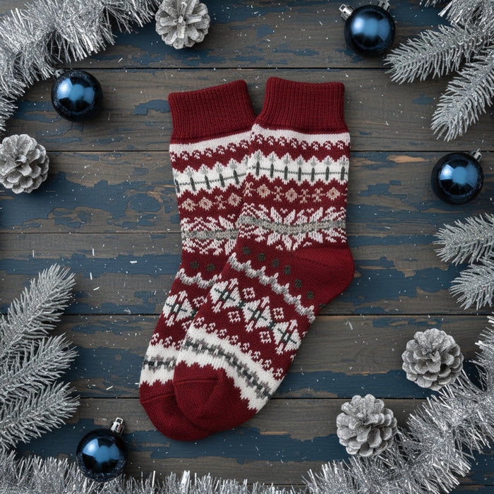Red and white patterned socks on a white background