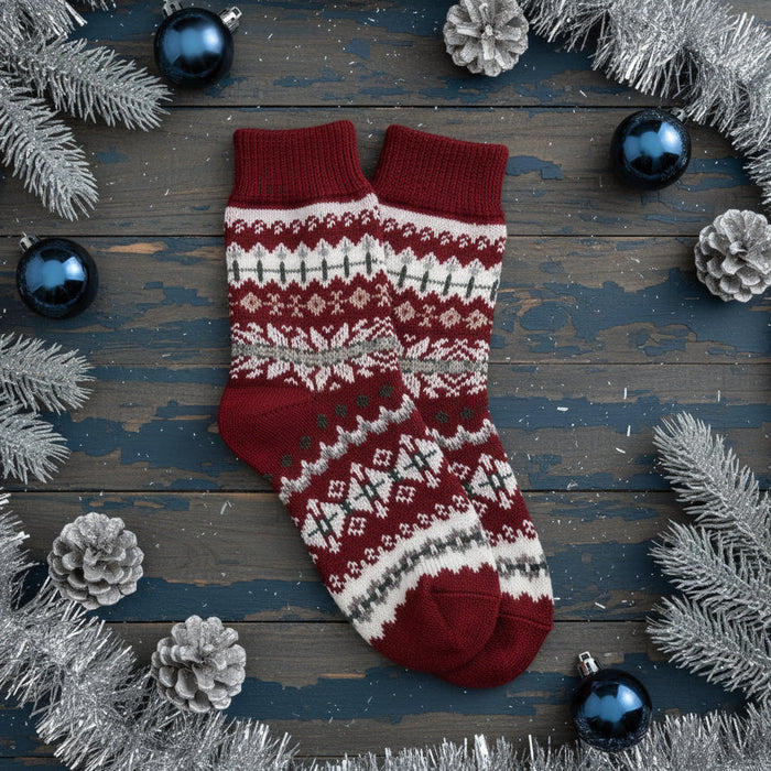 Red and white patterned socks on a white background