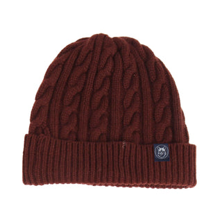 Brown knit beanie with a brand logo on a white background