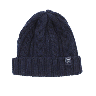 A navy men's wool beanie with a cable knit pattern and a ribbed turn-up hem.