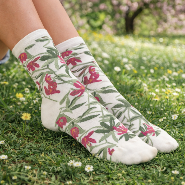 White socks with pink floral pattern worn outdoors on grass