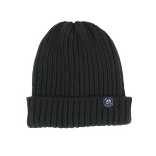 Black knit beanie with a logo on a white background