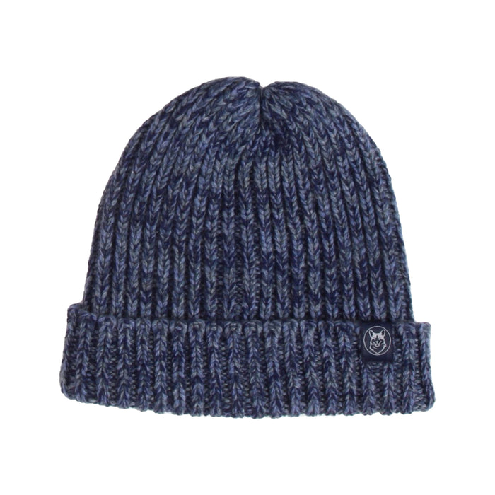 Blue knit beanie with a brand logo on a white background