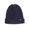 Navy blue knit beanie with a logo on a white background