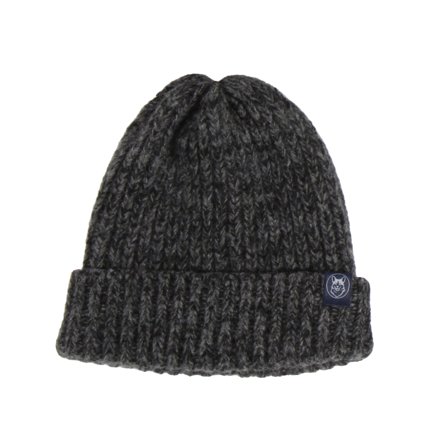 Gray knit beanie with a brand logo on a white background