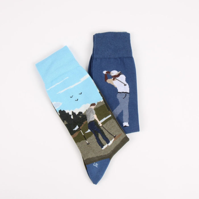 Two socks with golf-themed designs on a white background