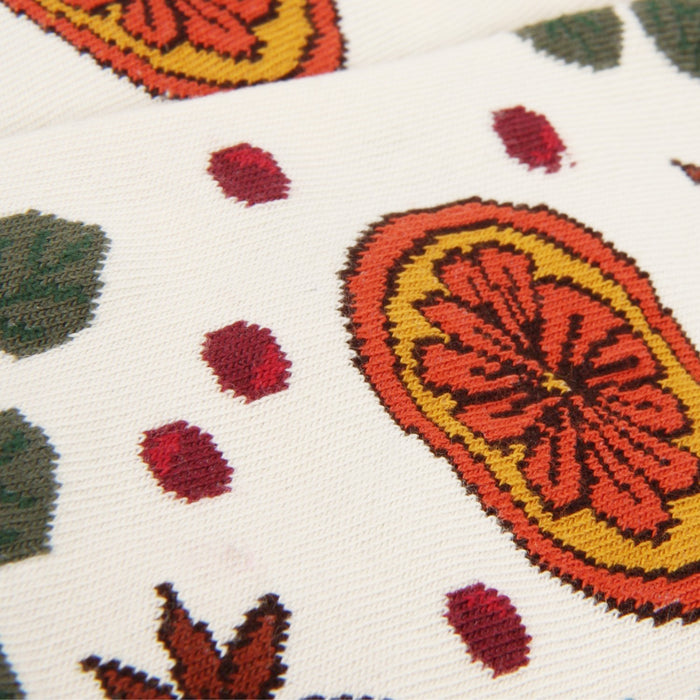Close-up of a knitted fabric with floral patterns on a white background