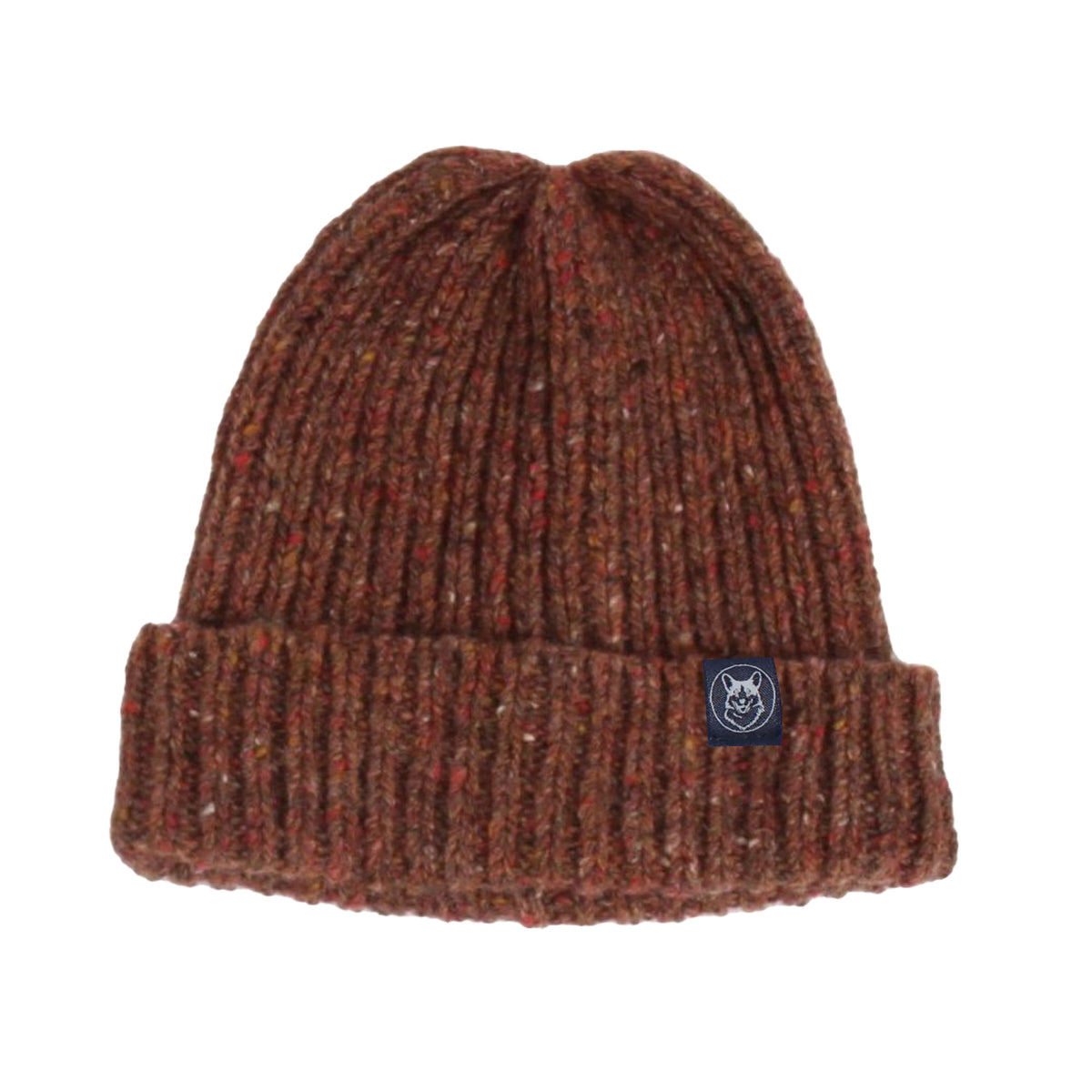Brown knit beanie with a brand logo on a white background