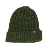 Green knit beanie with a logo on a white background