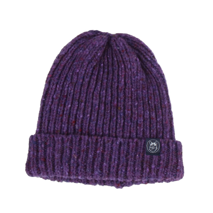 Purple knit beanie with a logo on a white background
