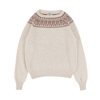 Beige sweater with patterned neckline on a white background