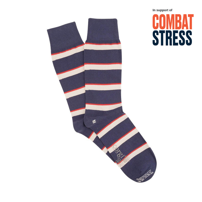 Striped socks with 'Combat Stress' text on a white background