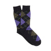 Navy sock with purple and green diamond pattern on a white background