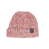 Pink and white patterned beanie with a brand logo on a white background