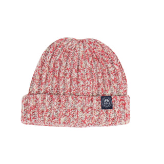 Pink and white patterned beanie with a brand logo on a white background