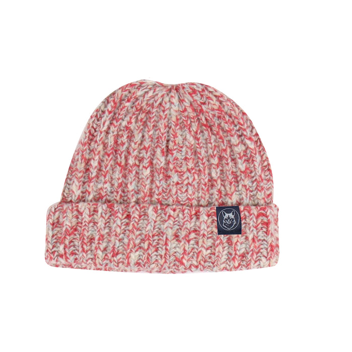 Pink and white patterned beanie with a brand logo on a white background