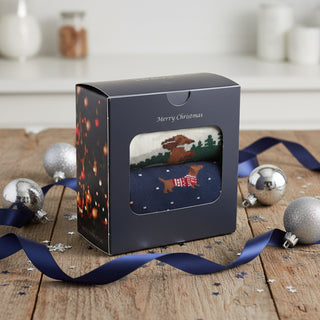 A gift box with a Christmas theme featuring a dachshund design, placed on a wooden surface with holiday decorations in the background.