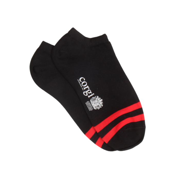 Black ankle socks with red stripes and 'Corgi' branding on a white background