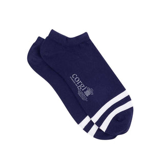 A pair of navy blue trainer socks with white stripes on the toe.