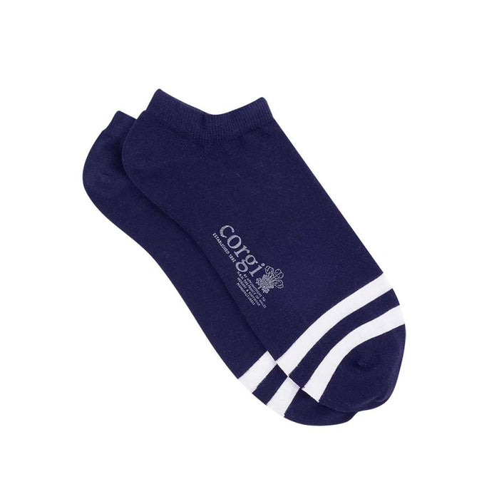 A pair of navy blue trainer socks with white stripes on the toe.