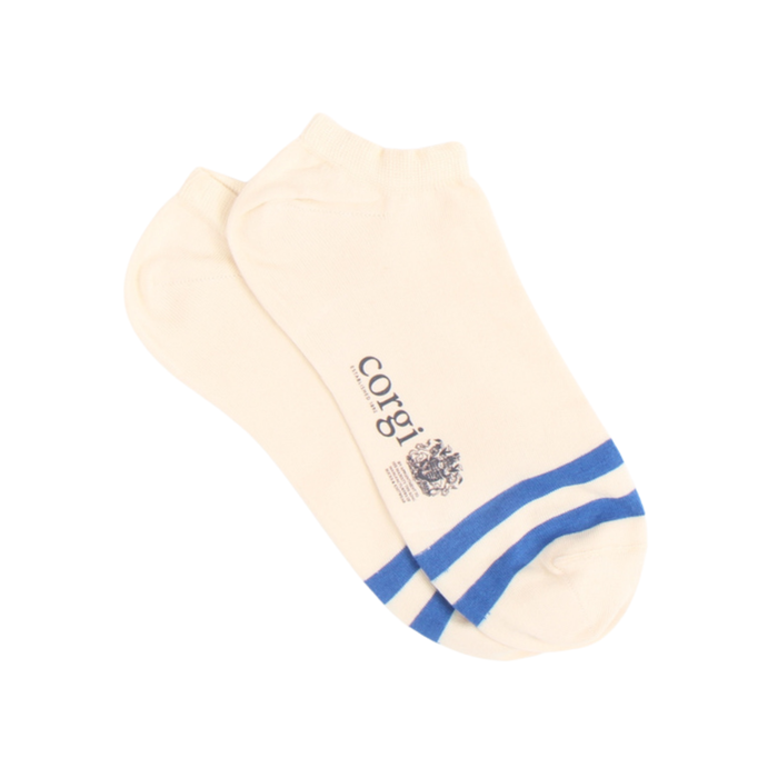 Beige sock with blue stripes and 'corgi' branding on a white background