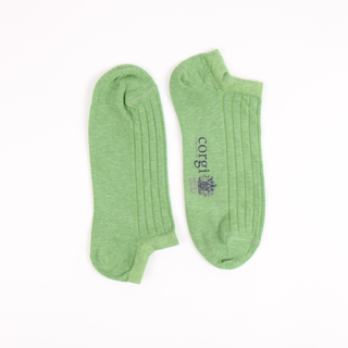 Pair of green socks with a brand logo on a white background