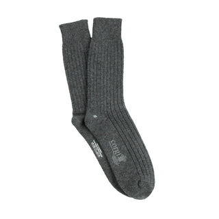 Pair of gray cashmere ribbed socks on a white background