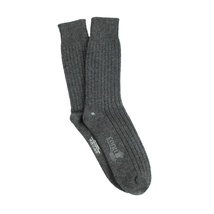 Pair of gray cashmere ribbed socks on a white background