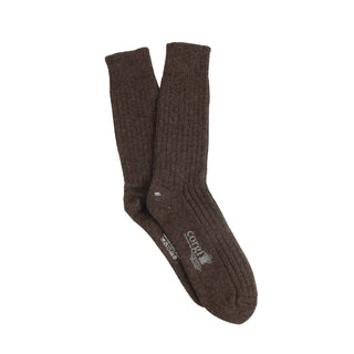 Pair of brown ribbed cashmere socks on a white background