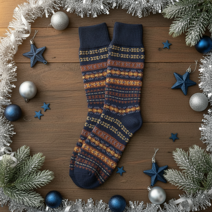 Pair of blue socks with a pattern on a white background