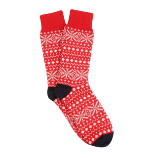 Red sock with white snowflake pattern on a white background