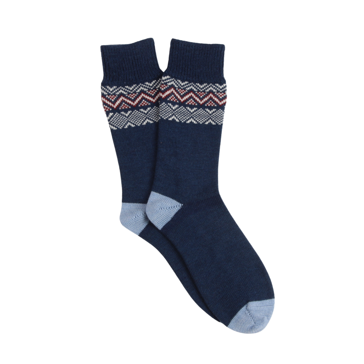 Navy blue sock with a patterned cuff on a white background