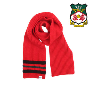 Red scarf with black and green stripes on a white background, featuring Wrexham AFC logo.