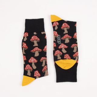 Pair of socks with mushroom pattern on a white background