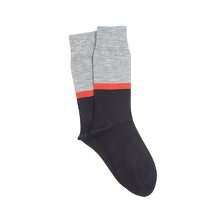 Navy sock with gray top and orange band on a white background