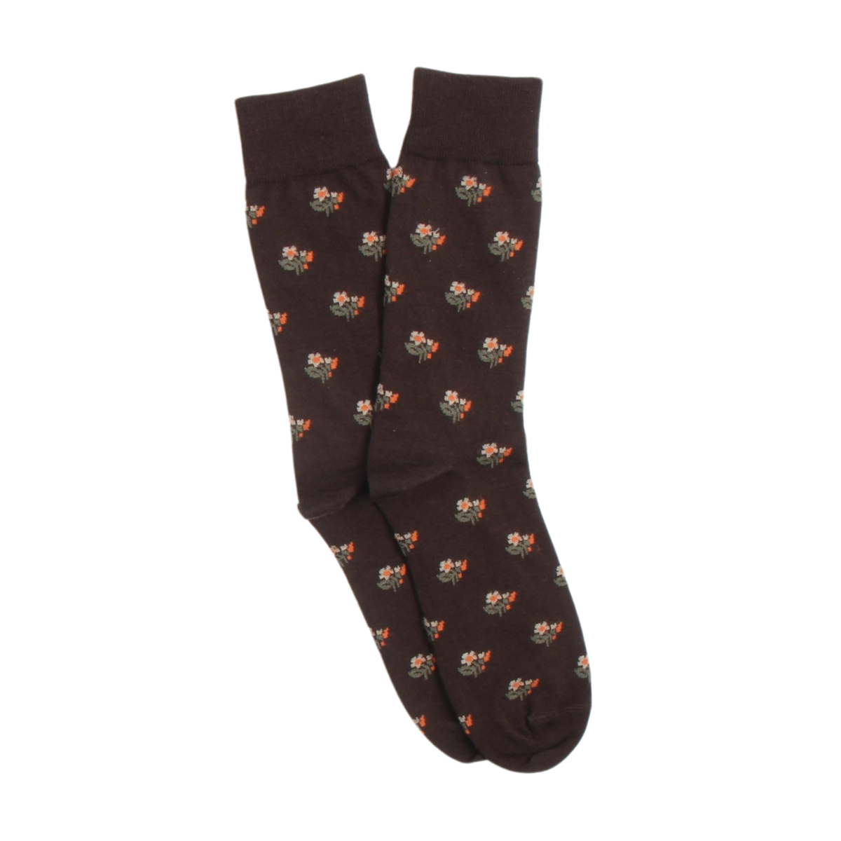 Pair of brown socks with floral pattern on a white background