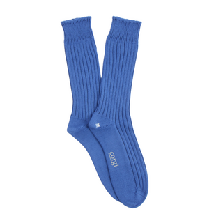 blue pure cotton boots socks laid flat on a white background