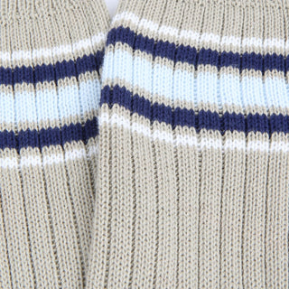 Close-up of fabric with blue and white colour stripes.
