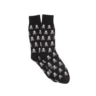 Black socks with white skull and crossbones pattern on a white background