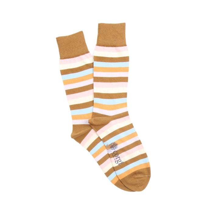 Pair of striped socks with brown, pale pink, and paleblue colors on a white background
