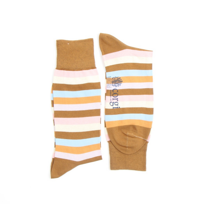 Pair of striped socks with a brand label on a white background