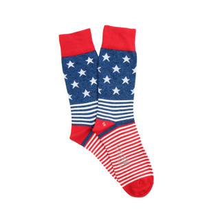 A pair of men's socks with a patriotic red, white, and blue color scheme featuring stars and stripes pattern.
