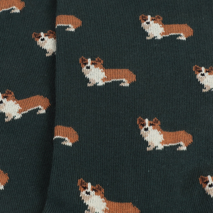 Dark green socks with brown and white dog pattern