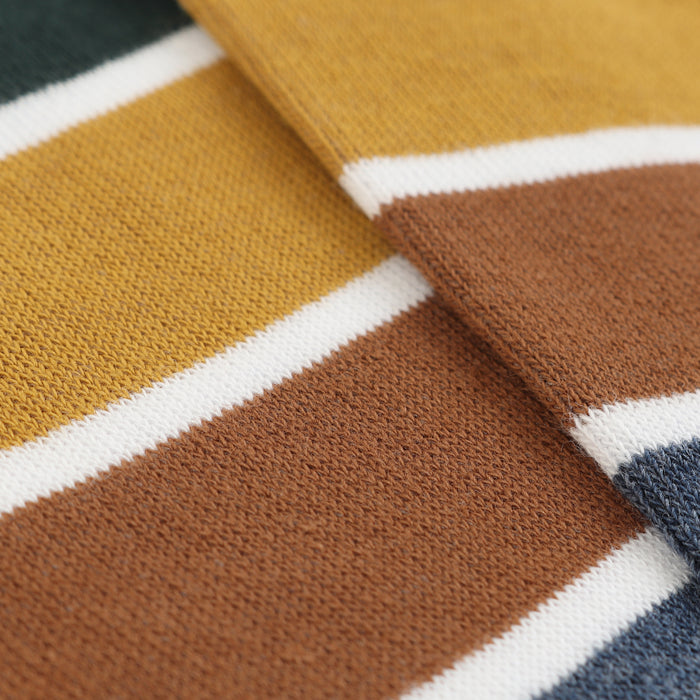 Close-up of striped socks with brown, yellow, and white colors.