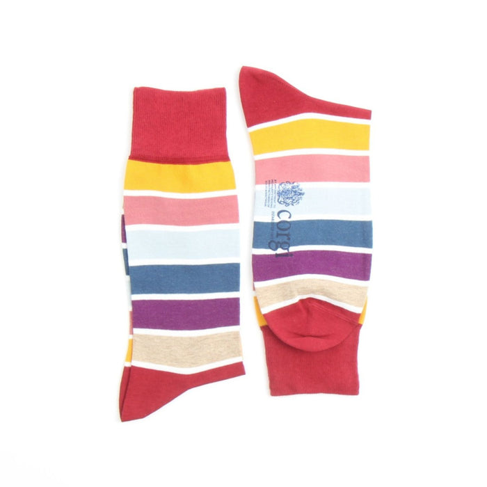 Colorful striped socks with a brand logo on a white background