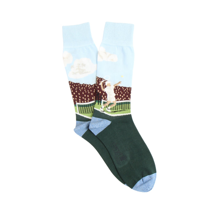 A pair of men's tennis socks with a pattern depicting a tennis player and crowd scene on a light background, with dark green at the cuffs.