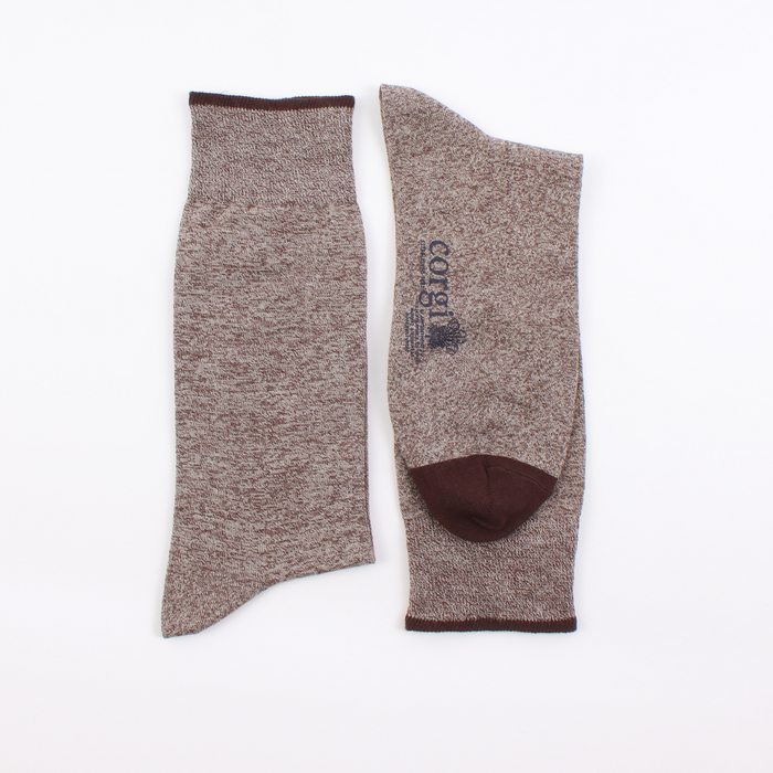 Pair of brown marl socks with a visible brand logo on a white background